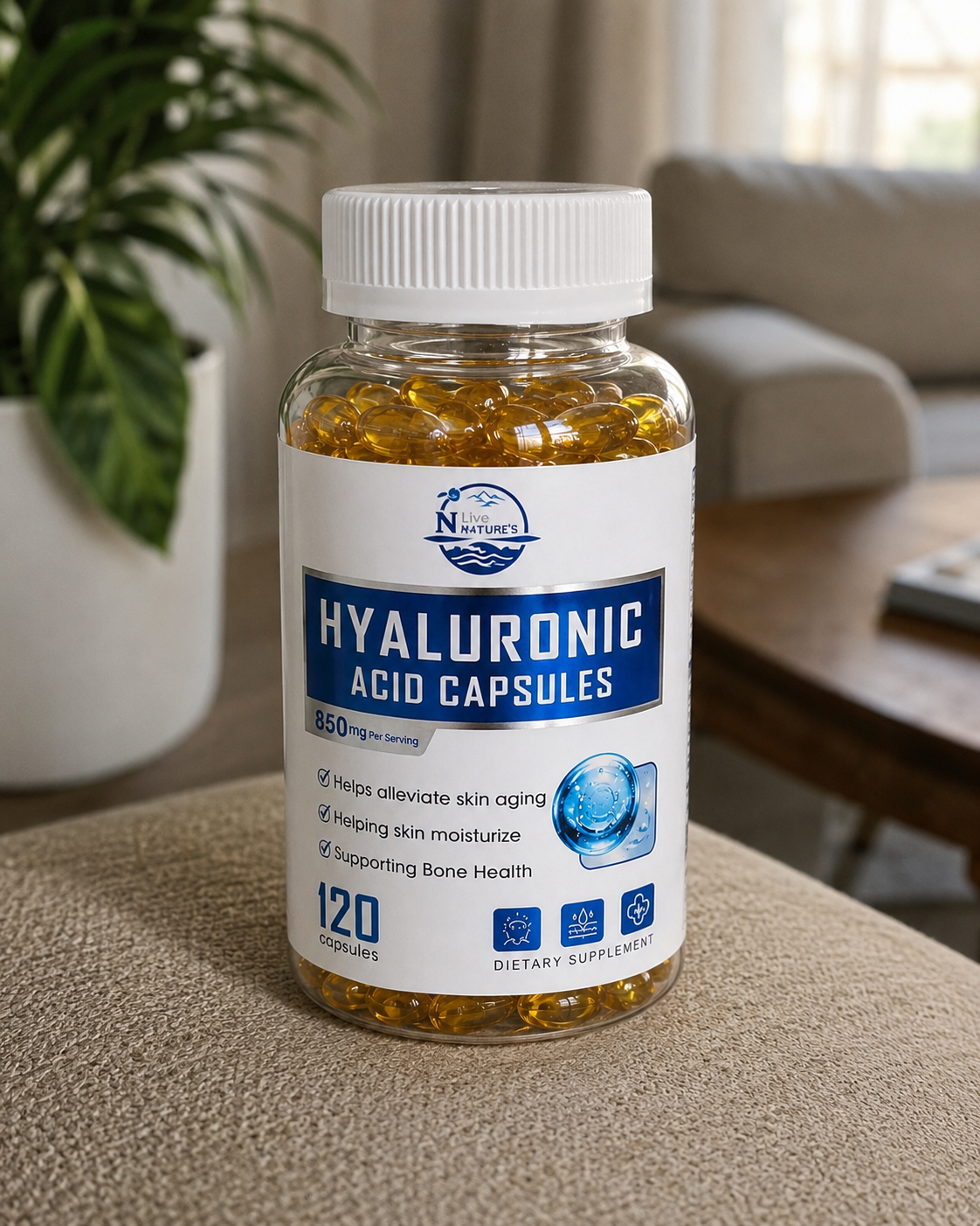 Hyaluronic Acid Capsules 850mg – 120 Capsules | Skin Moisture & Bone Health Support