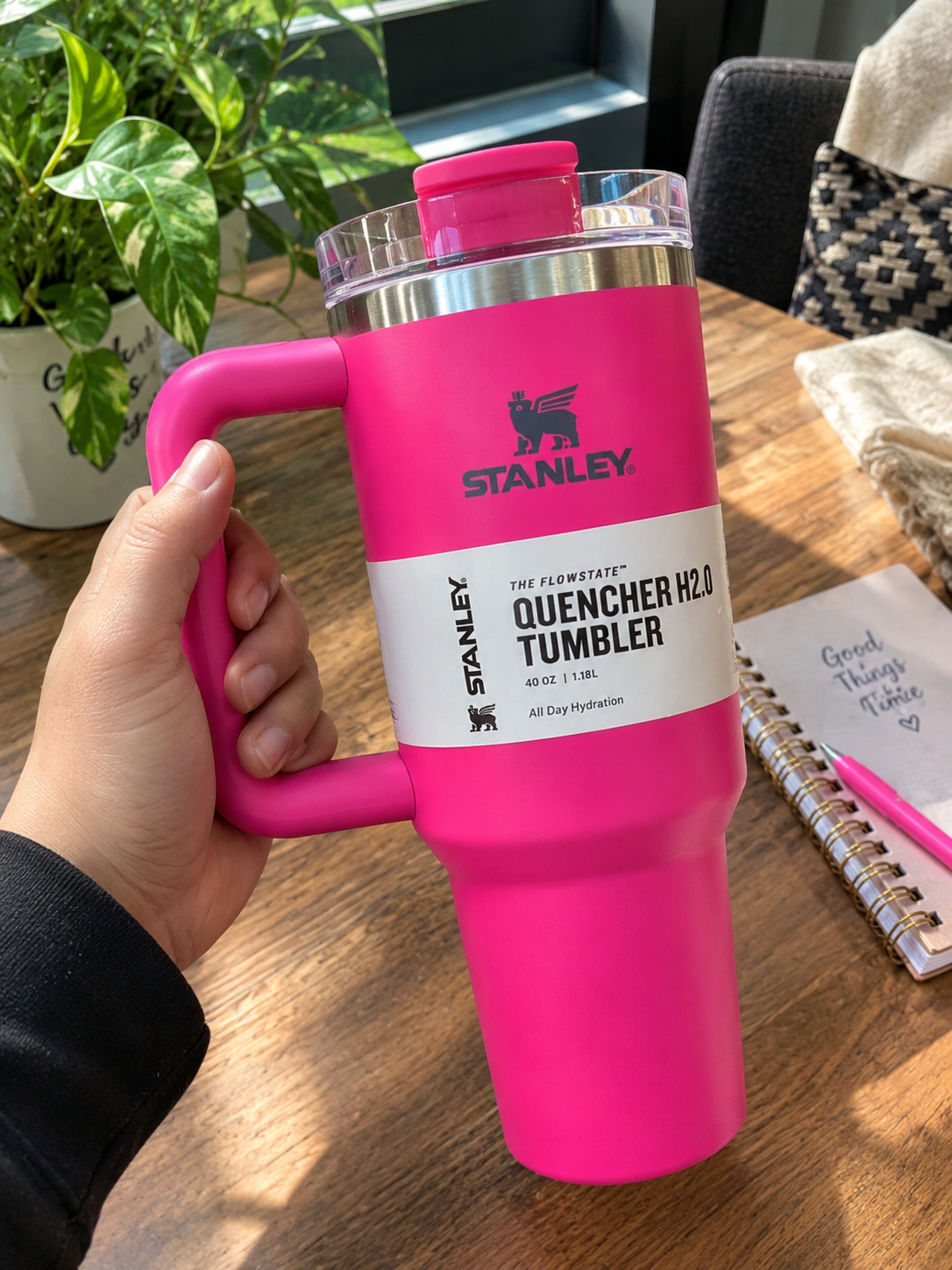 40 oz Pink Insulated Tumbler with Handle and Straw – Reusable Travel Cup