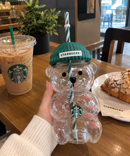 Starbucks Bear Shaped Cup with Straw – Clear Acrylic Cute Teddy Bear Tumbler with Beanie Cap Lid