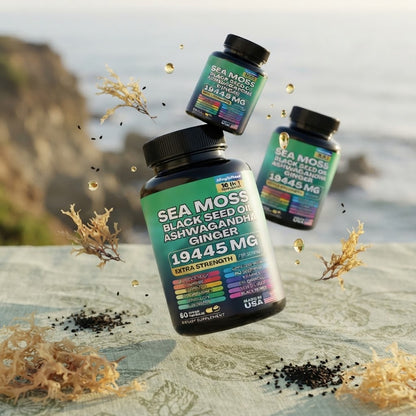Sea Moss Black Seed Oil Ashwagandha Ginger 16-in-1 Supplement – 1945 MG Extra Strength, 60 Vegan Capsules