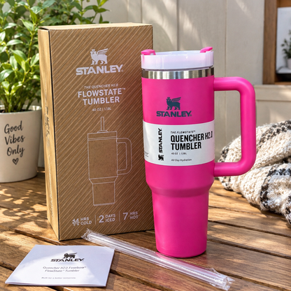 40 oz Pink Insulated Tumbler with Handle and Straw – Reusable Travel Cup