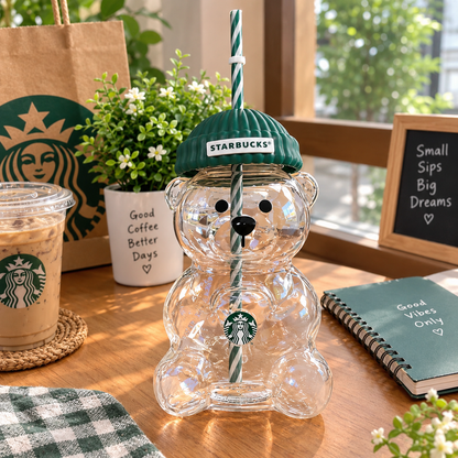 Starbucks Bear Shaped Cup with Straw – Clear Acrylic Cute Teddy Bear Tumbler with Beanie Cap Lid