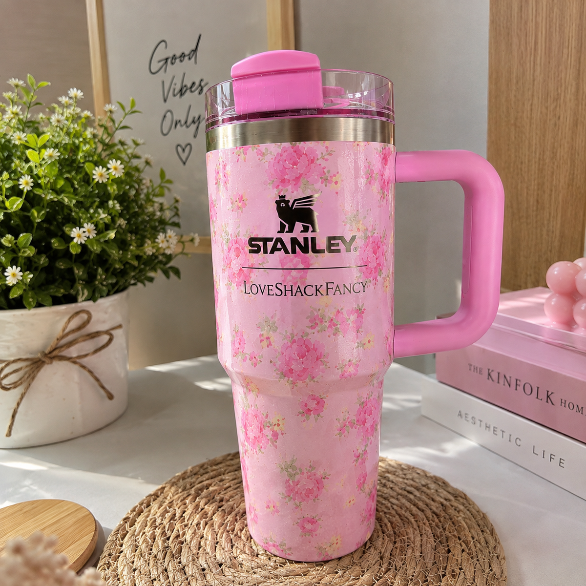 Pink Floral Insulated Tumbler with Handle – Reusable Travel Cup & Gift Set