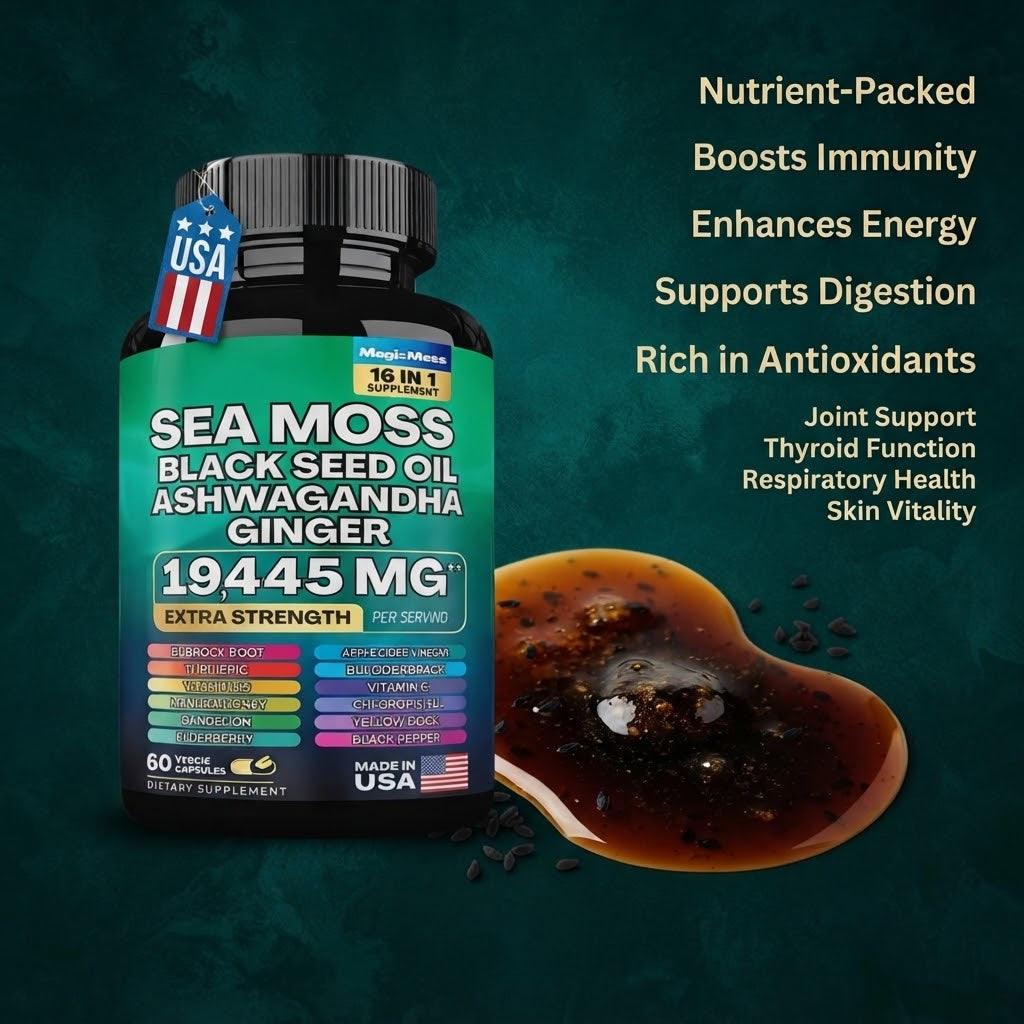 Sea Moss Black Seed Oil Ashwagandha Ginger 16-in-1 Supplement – 1945 MG Extra Strength, 60 Vegan Capsules