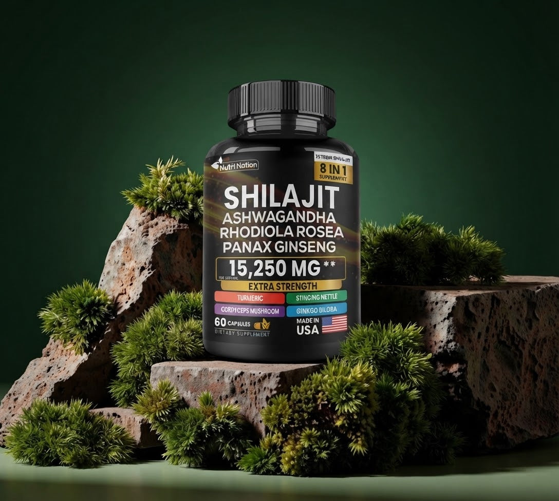Nutri Nation Shilajit Ashwagandha 8-in-1 Herbal Supplement – 15,250 mg, 60 Capsules
