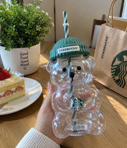 Starbucks Bear Shaped Cup with Straw – Clear Acrylic Cute Teddy Bear Tumbler with Beanie Cap Lid