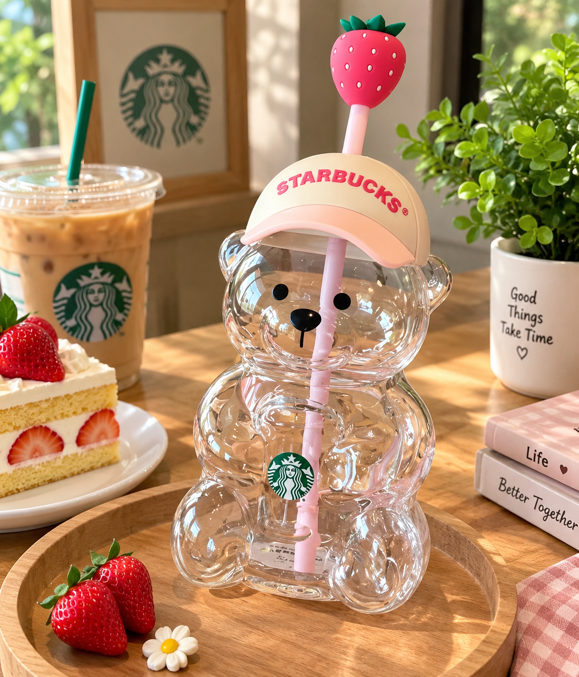 Starbucks Bear Shaped Cup with Strawberry Straw – Clear Acrylic Teddy Bear Tumbler with Cap Lid & Pink Straw
