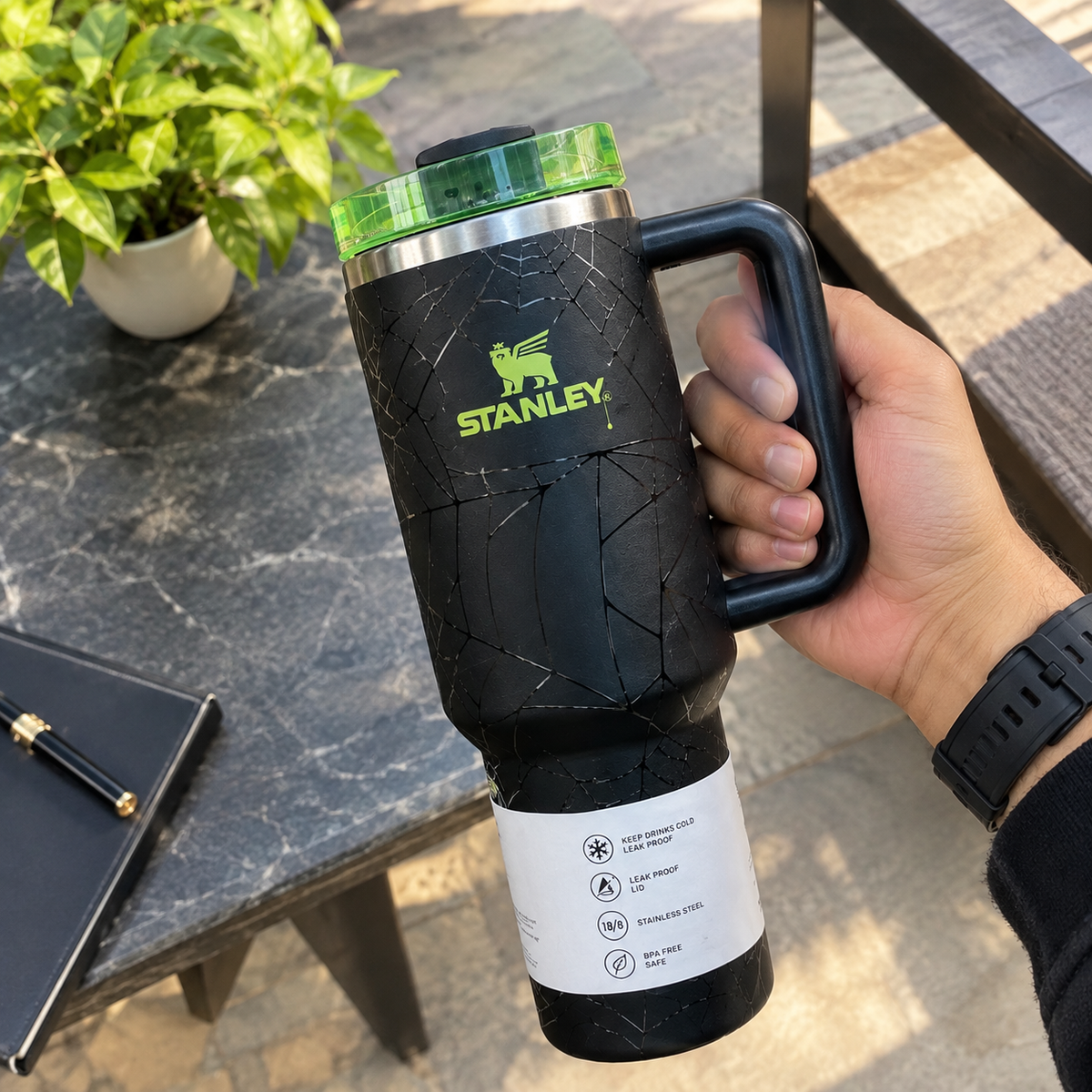 Stanley Quencher H2.0 Tumbler 40oz – Spider Web Crackle Design with Neon Green Lid & Handle | Stainless Steel Travel Mug