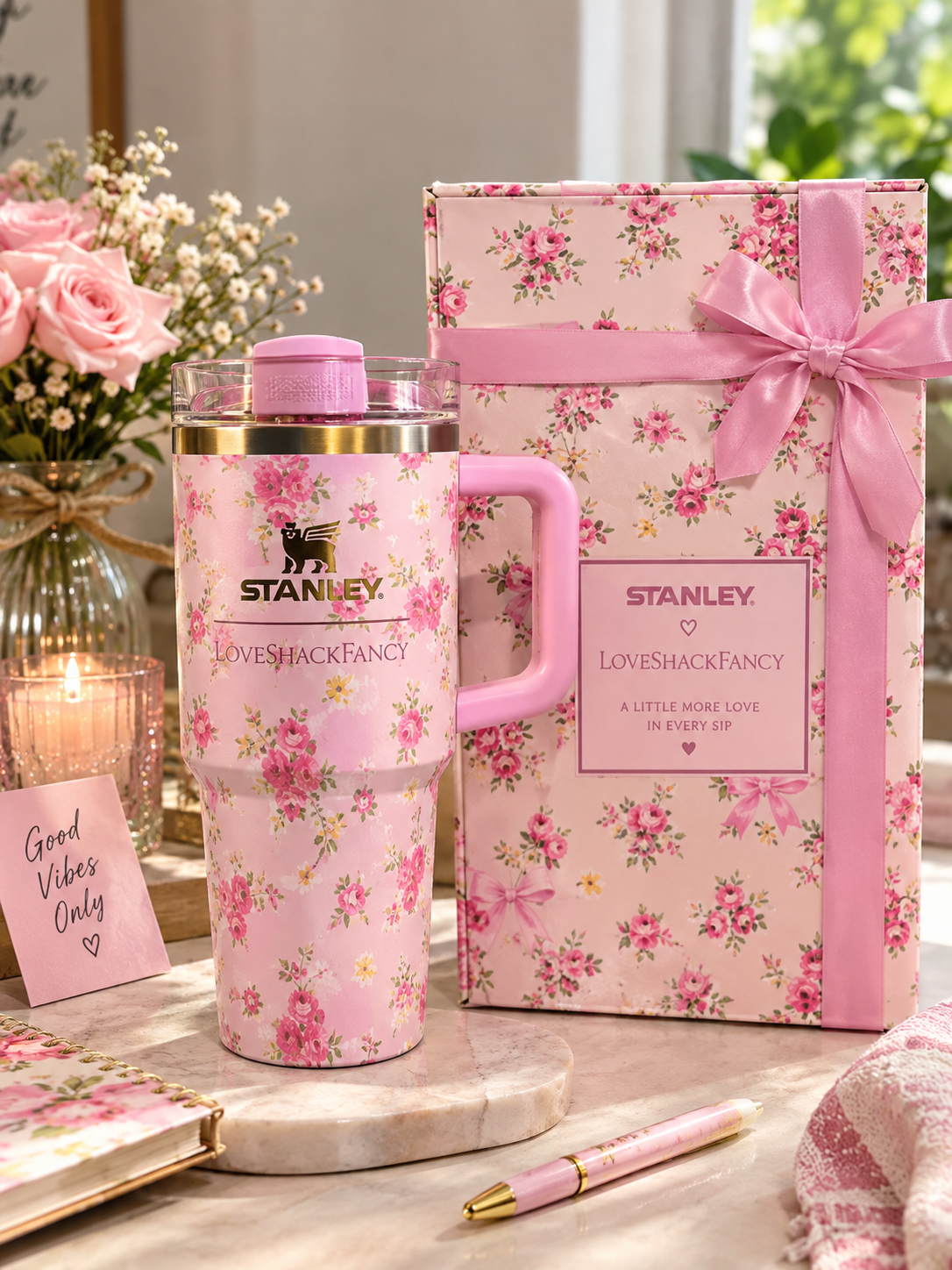 Pink Floral Insulated Tumbler with Handle – Reusable Travel Cup & Gift Set