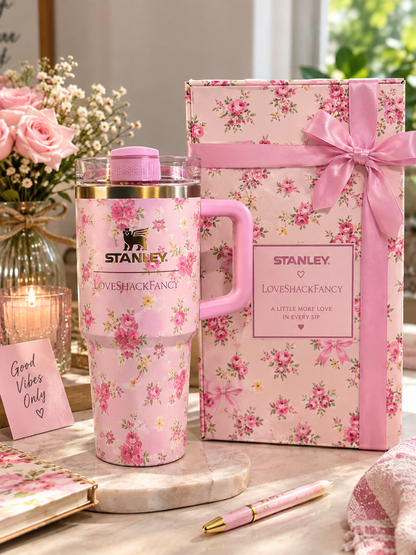 Pink Floral Insulated Tumbler with Handle – Reusable Travel Cup & Gift Set