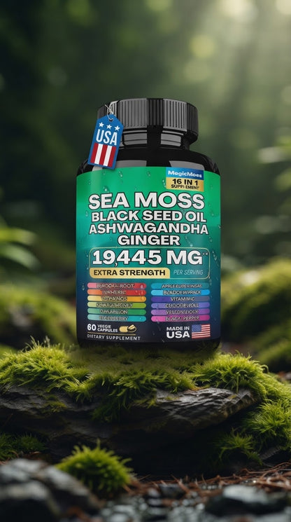 Sea Moss Black Seed Oil Ashwagandha Ginger 16-in-1 Supplement – 1945 MG Extra Strength, 60 Vegan Capsules