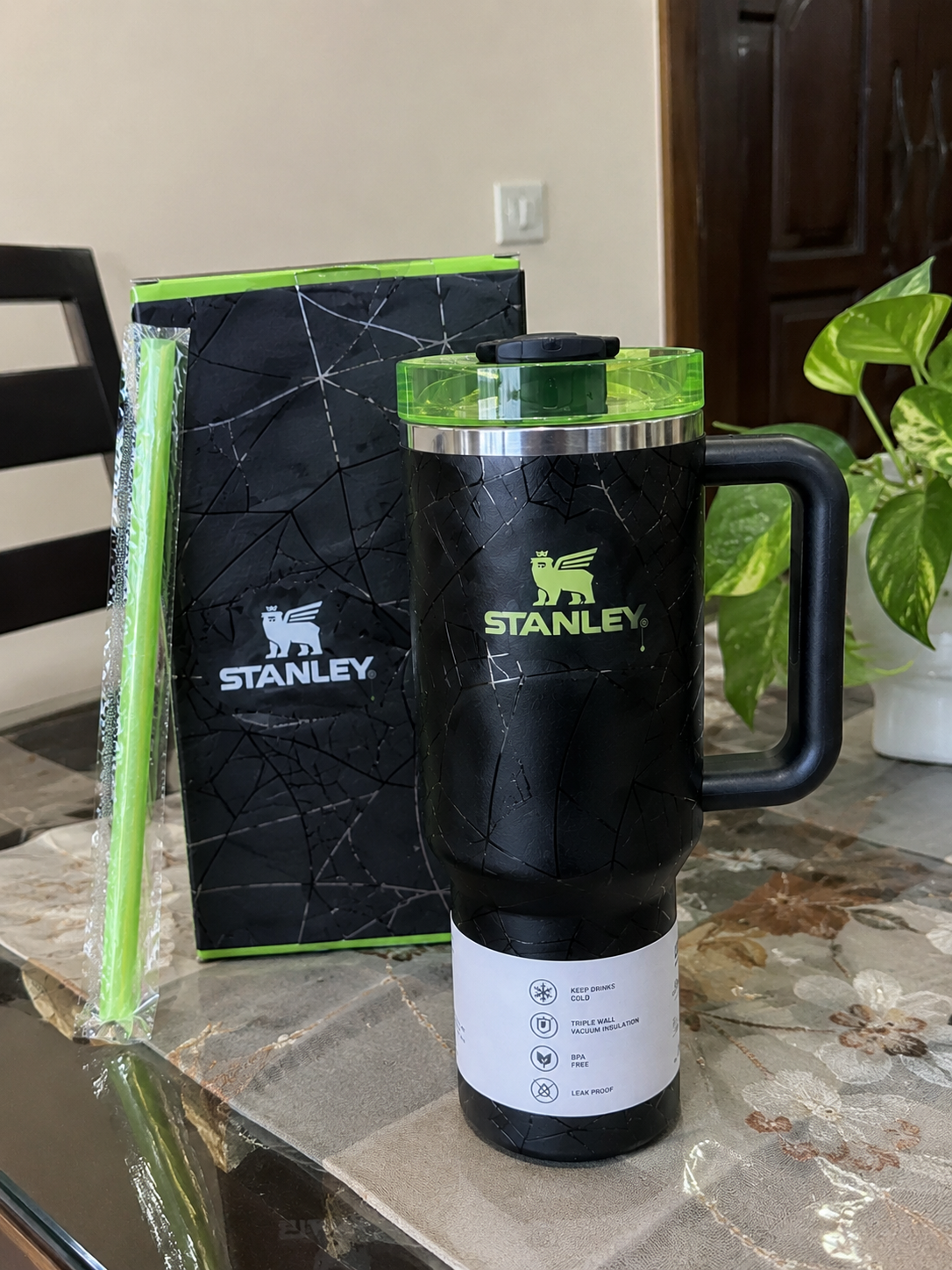 Stanley Quencher H2.0 Tumbler 40oz – Spider Web Crackle Design with Neon Green Lid & Handle | Stainless Steel Travel Mug