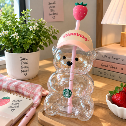 Starbucks Bear Shaped Cup with Strawberry Straw – Clear Acrylic Teddy Bear Tumbler with Cap Lid & Pink Straw