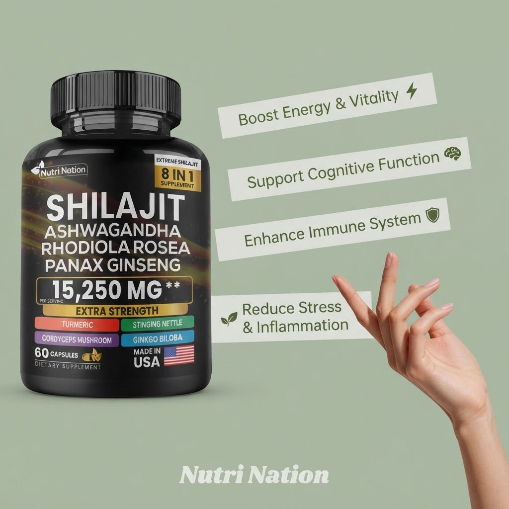 Nutri Nation Shilajit Ashwagandha 8-in-1 Herbal Supplement – 15,250 mg, 60 Capsules