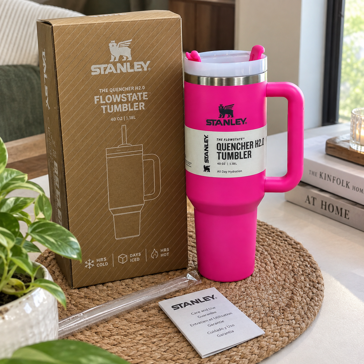40 oz Pink Insulated Tumbler with Handle and Straw – Reusable Travel Cup